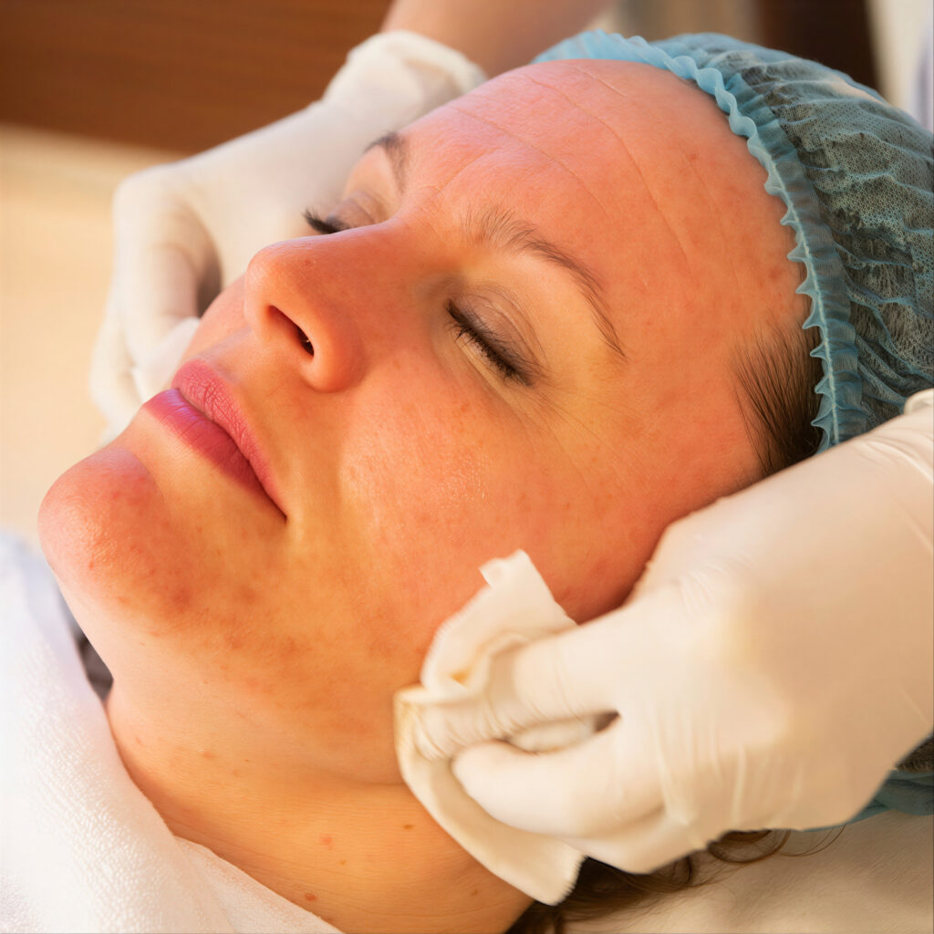 Specialist analyseert huid en stelt behandelplan op voor acnebehandeling in professionele huidkliniek