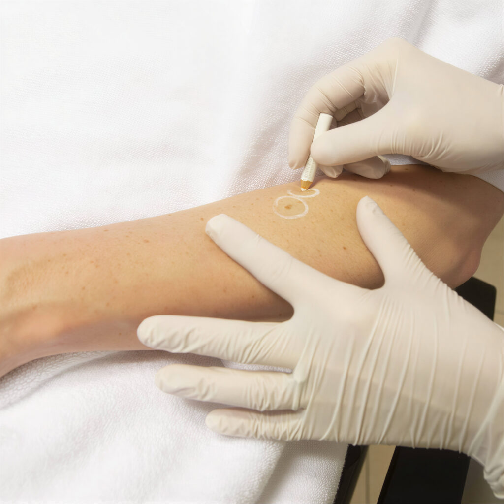 Verwijderen van opliggende moedervlekken door dermatoloog met shave excisie